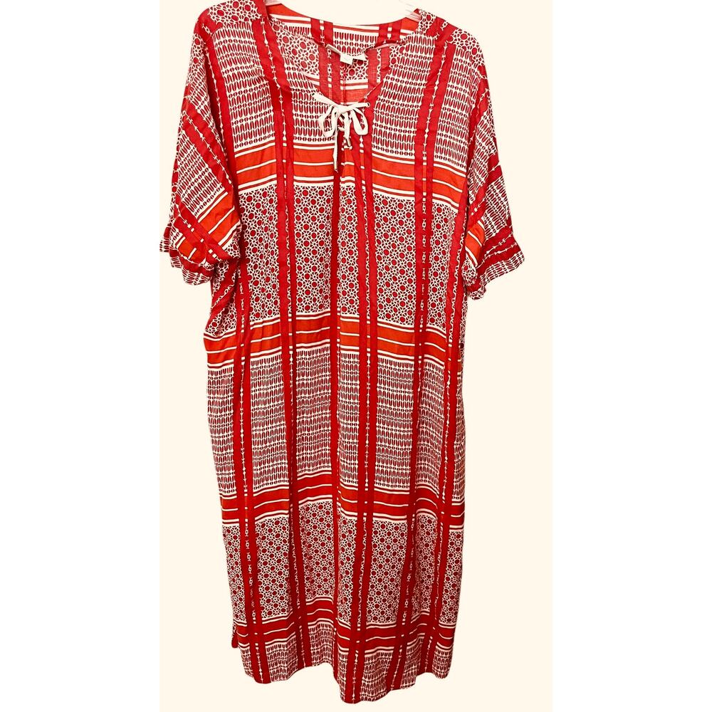 DREAMS & CO. SHORT SLV TIE- UP V-NECK TUNIC LOUNGER, WOMENS, 1X 22/24-RED/WHITE